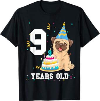 9 Years Old Birthday Pug Dog Lover Party Kids Boys Girls T-Shirt