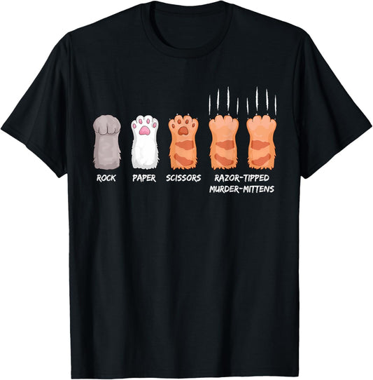 Fun Rock Paper Scissors Razor Tipped Murder Mittens Cat Paws T-Shirt
