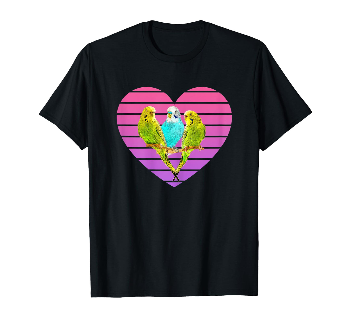 Three Parakeets Inside a Retro Sunset Style Heart T-Shirt