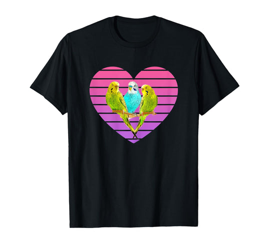 Three Parakeets Inside a Retro Sunset Style Heart T-Shirt