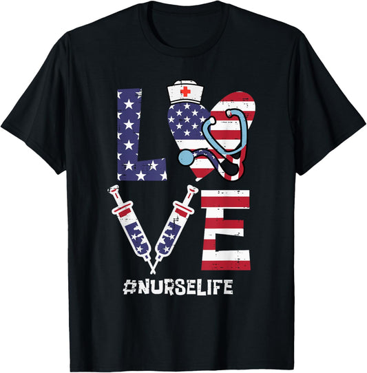 Love Stethoscope Nurse Fourth 4th Of July Nursing Patriot T-Shirt