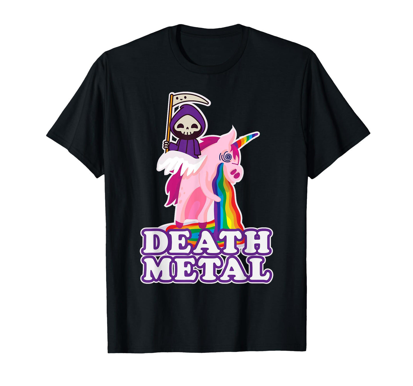 Funny Death Metal T-Shirt Grim Reaper Riding Unicorn Rainbow T-Shirt