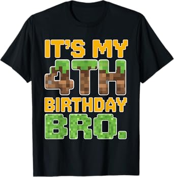 Funny It's My 4th Birthday Bro Video Game Pixel Bday Boy T-Shirt