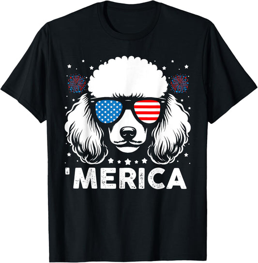 Vintage Poodle Dog Merica Patriotic USA Flag 4th Of July T-Shirt