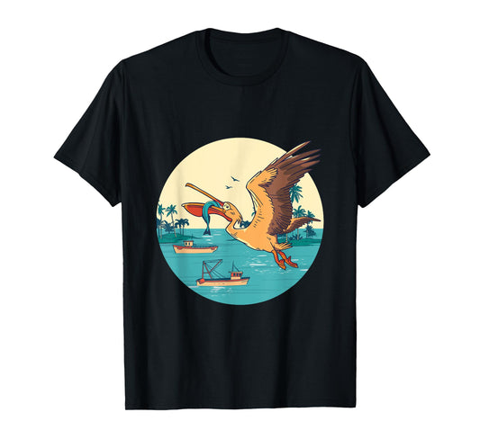 Pelican Bird Island Boat Fish Catch Tropical Bird Animal T-Shirt