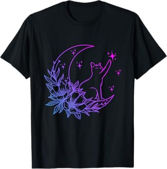 Cat Sitting On Crescent Moon Flowers Stars Women Girls Kids T-Shirt