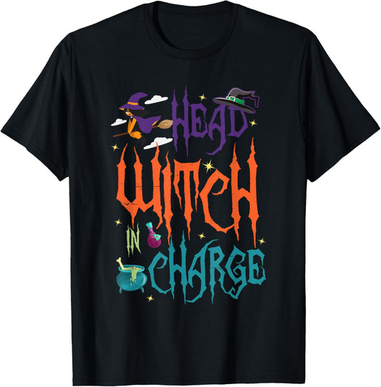 Head Witch in Charge Hat Brew Broom Halloween T-Shirt