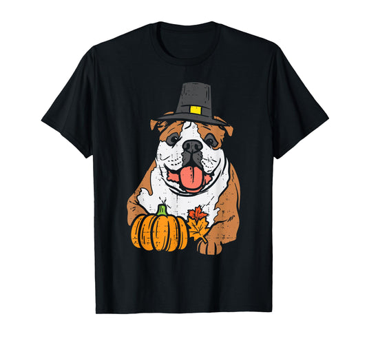 English Bulldog Pumpkin Leaf Thanksgiving Fall Halloween Dog T-Shirt