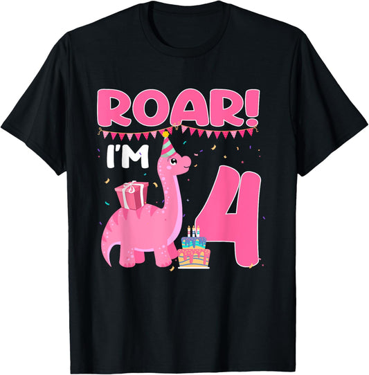 Roar I'm 4 Year Old Dinosaur Girl 4th Birthday Party T-Shirt
