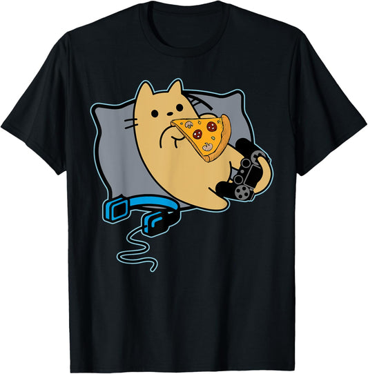Nerdy Pizza Eating Gamer Cat Game Paused T-Shirt