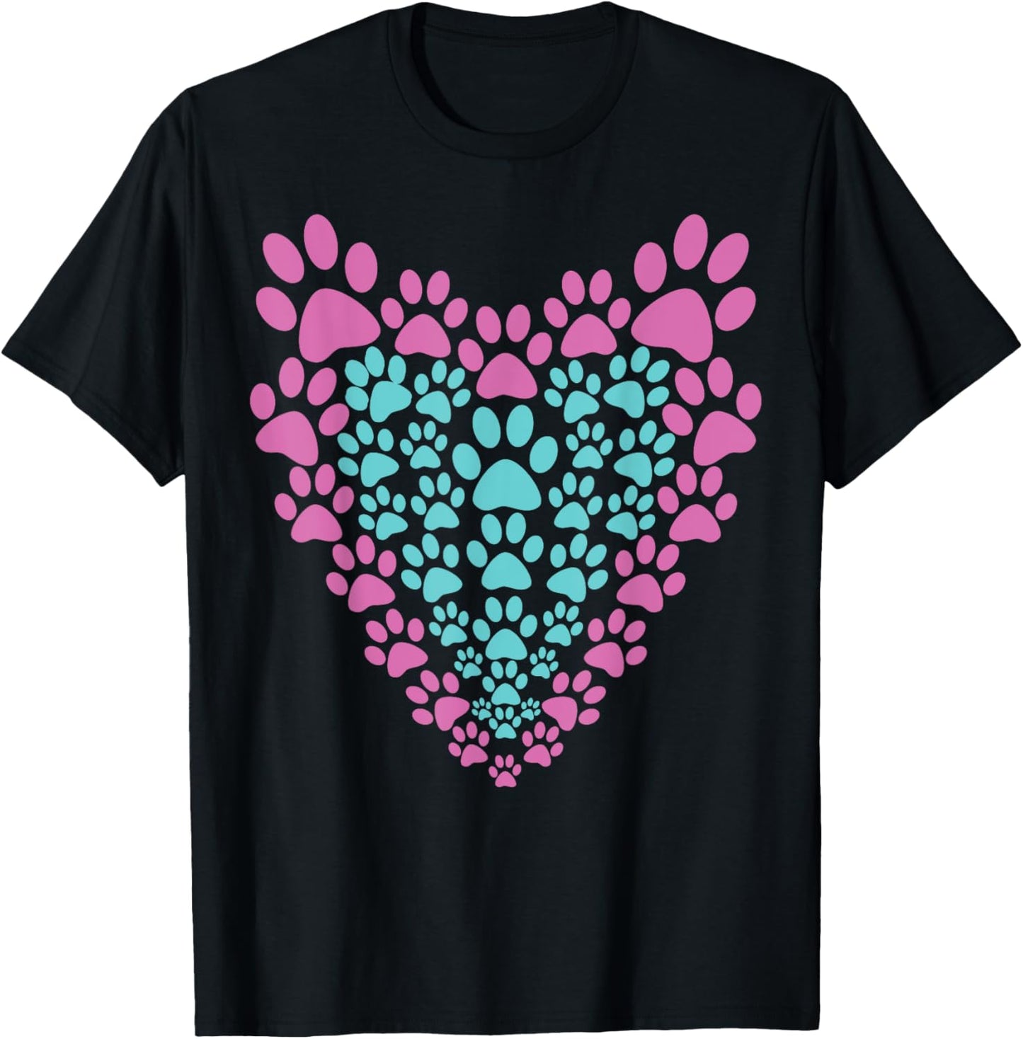 Paw Print Heart Animal Lover Graphic Cat or Dog Pink Teal T-Shirt