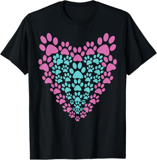 Paw Print Heart Animal Lover Graphic Cat or Dog Pink Teal T-Shirt