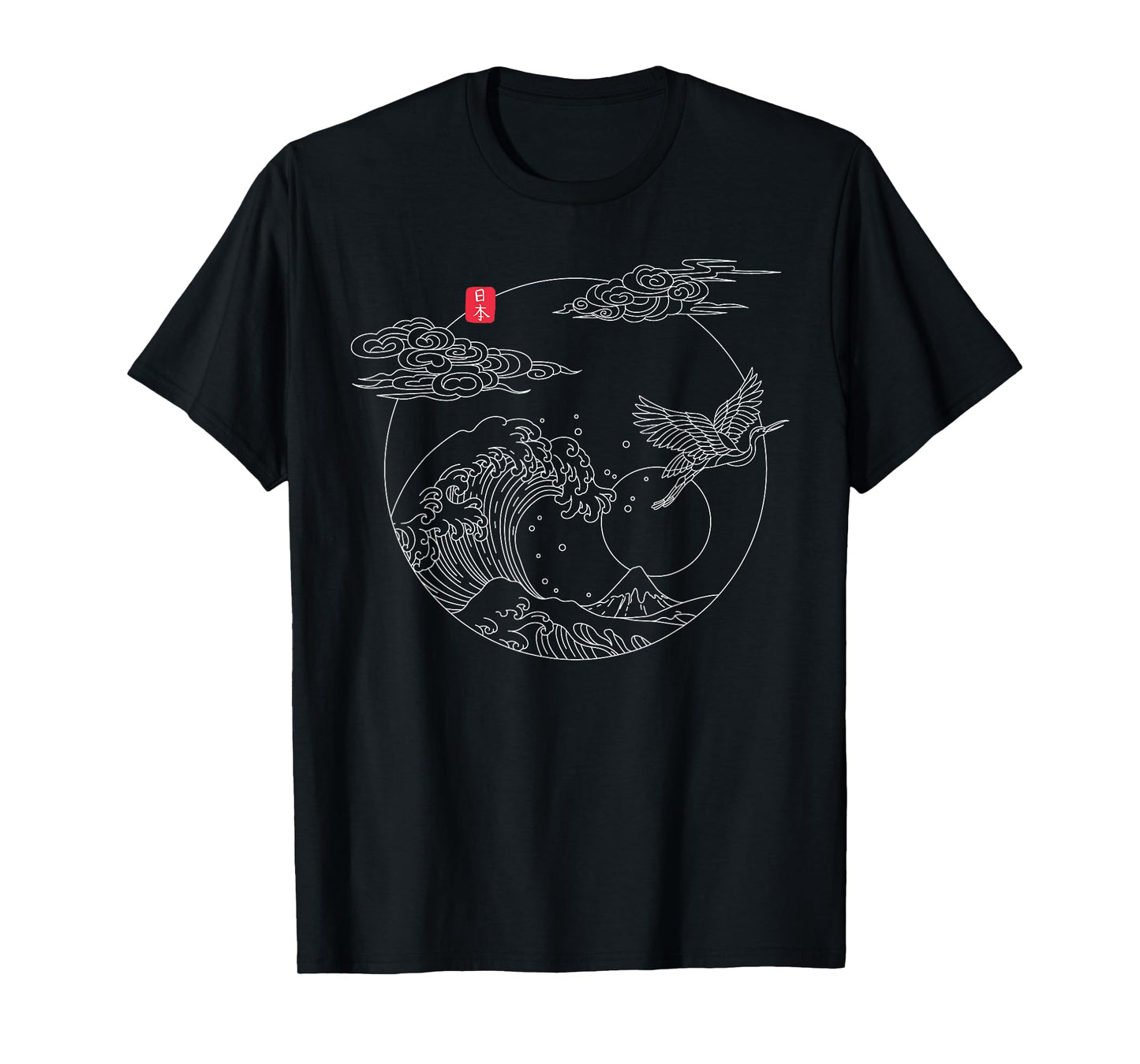 Japanese Vintage Line Art Crane The Great Wave off Kanagawa T-Shirt