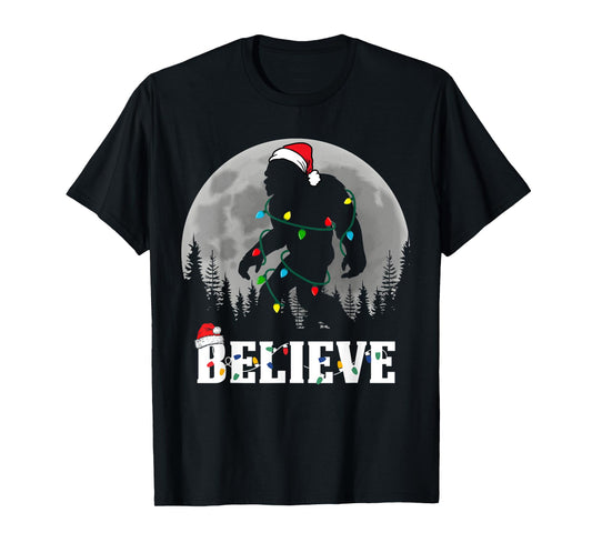 Santa Bigfoot Christmas Lights Funny Sasquatch Believe Xmas T-Shirt