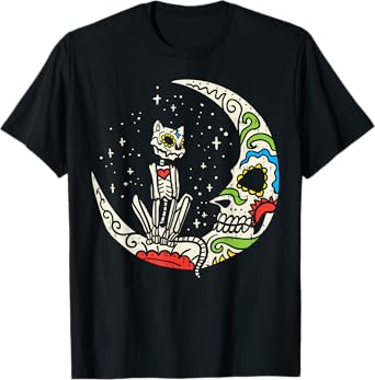 Sugar Skull Cat Moon Dia De Los Muertos Halloween Costume T-Shirt