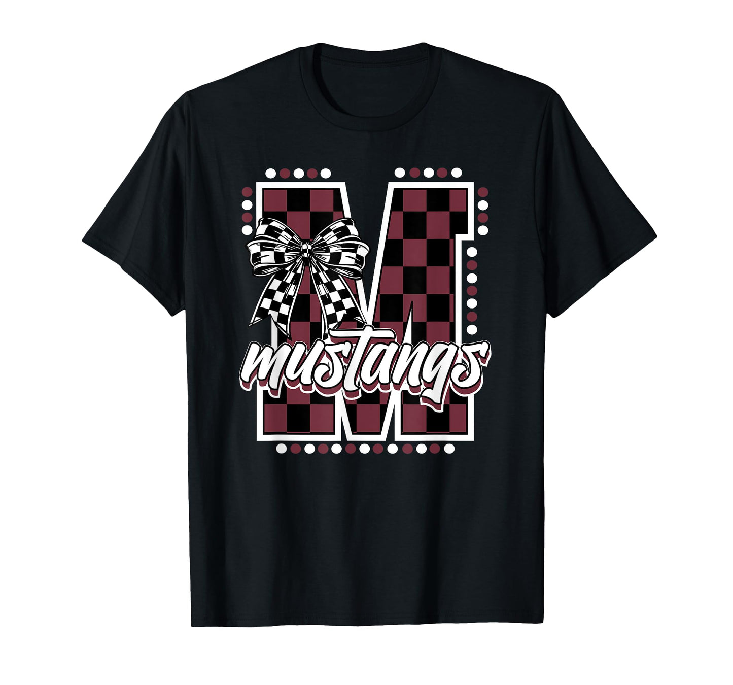 Mustangs Maroon Checkered Print Mustang Pride School Spirit T-Shirt