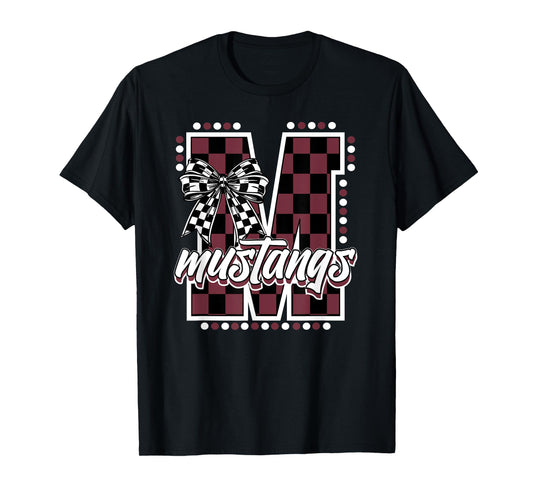 Mustangs Maroon Checkered Print Mustang Pride School Spirit T-Shirt