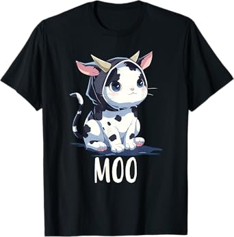 Cute Kawaii Anime Cat In Cow Costume Moo Funny Meow Cat Cow Men Women Kids T-Shirt