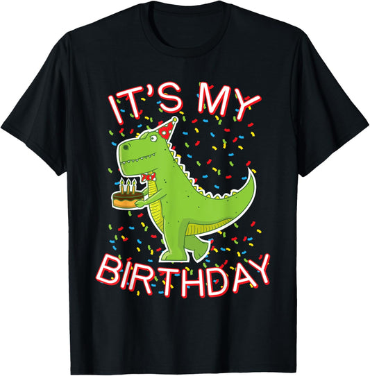 Fun Trex Dinosaur with Cake and Party Hat It is My Birthday T-Shirt