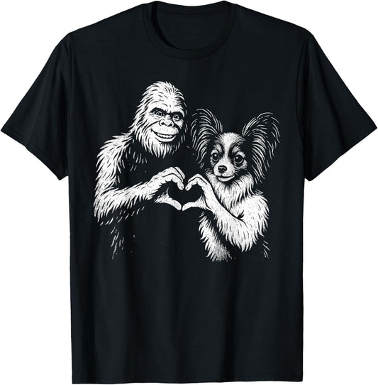 Papillon Dog Bigfoot Sasquatch Heart Hand Sign Dog Lover T-Shirt