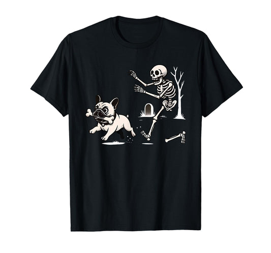 Halloween French Bulldog Skeleton Chasing Dog T-Shirt