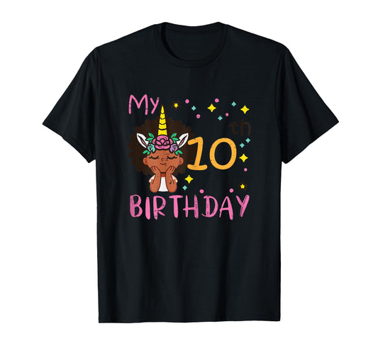 10th Birthday Afro Black Girl Unicorn 10 Year Old Bday Girls T-Shirt