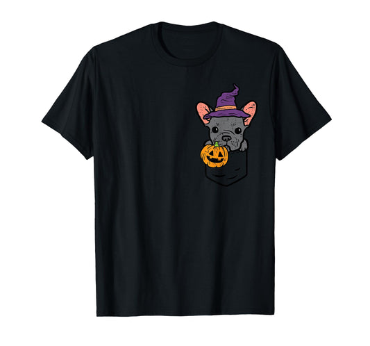 Pocket French Bulldgo Witch Pumpkin Halloween Frenchie Dog T-Shirt
