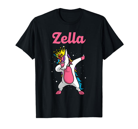 ZELLA Name Personalized Birthday Dabbing Unicorn Queen T-Shirt