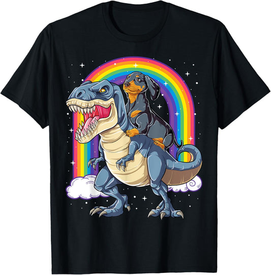 Dachshund Riding Dinosaur T-rex Gifts Boys Kids Men Rainbow T-Shirt