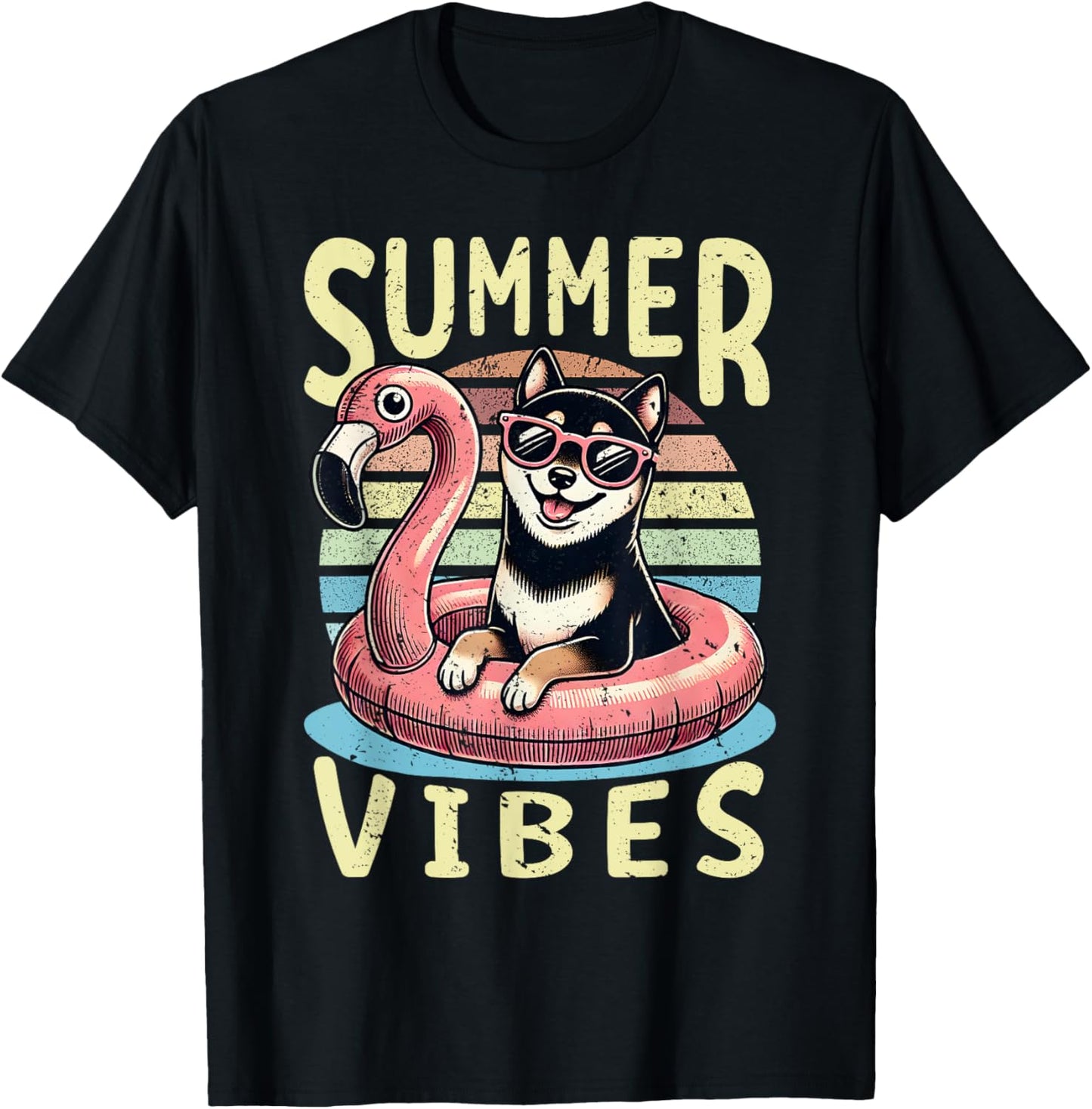 Retro Summer Vibes Black and Tan Shiba Inu Dog Vacation Trip T-Shirt