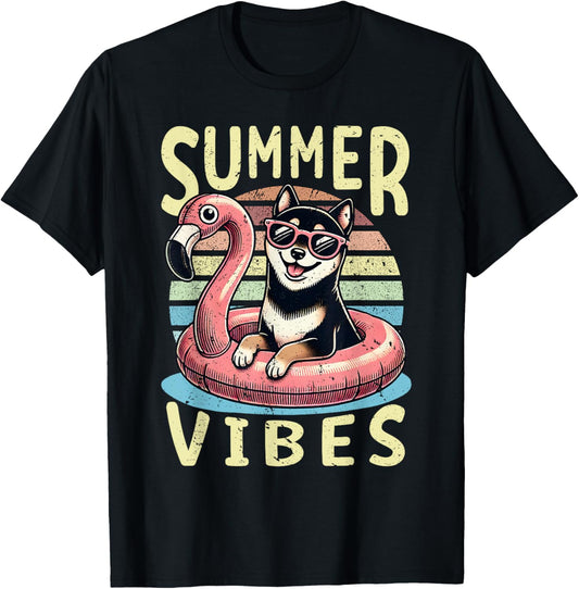 Retro Summer Vibes Black and Tan Shiba Inu Dog Vacation Trip T-Shirt