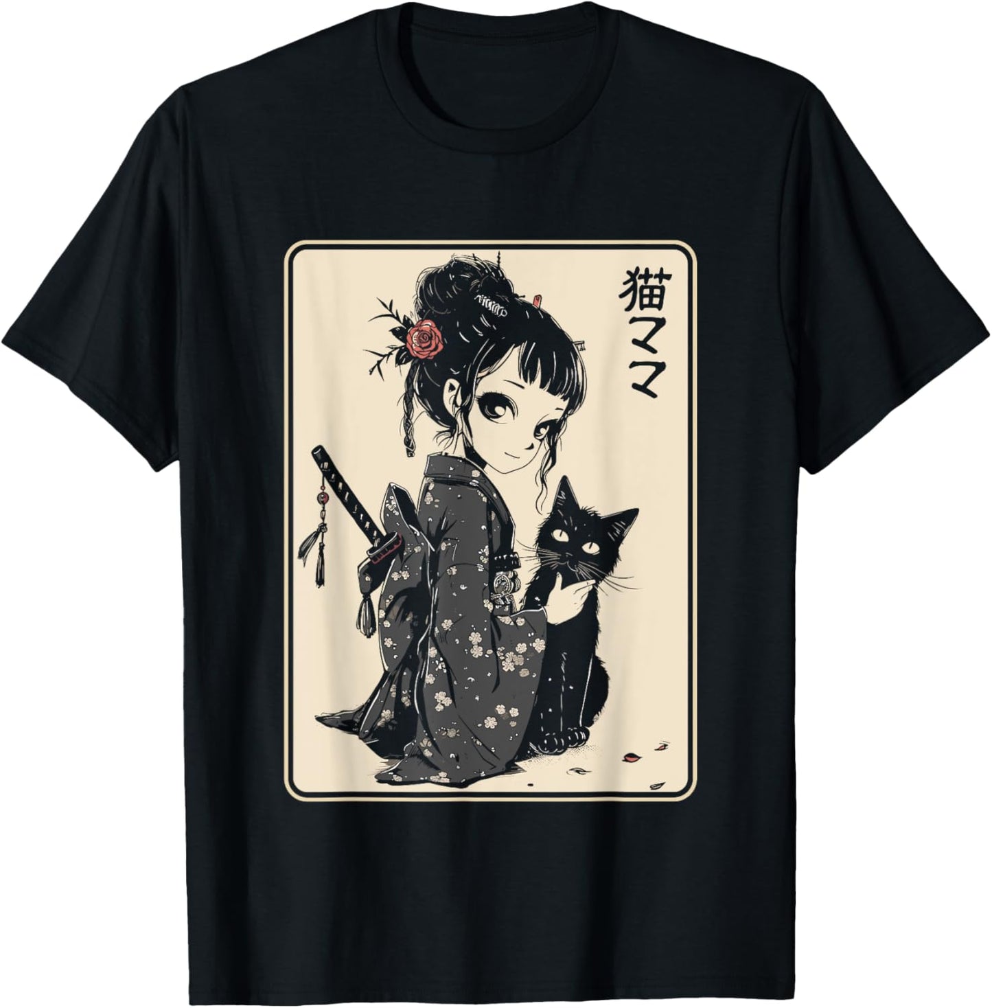 Japanese Gothic Kawaii Anime Samurai Cat Mom Woman Girls T-Shirt