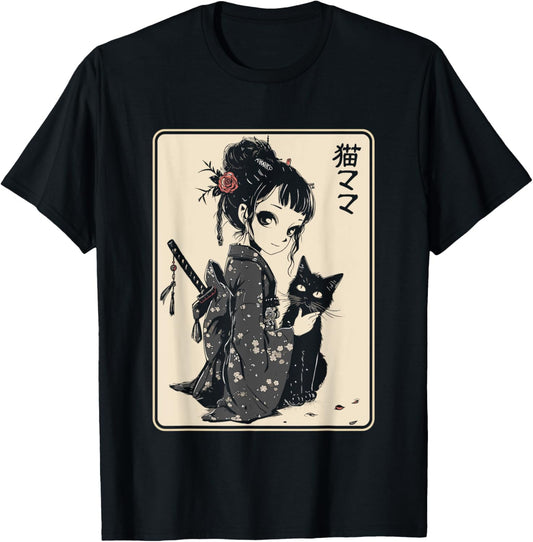 Japanese Gothic Kawaii Anime Samurai Cat Mom Woman Girls T-Shirt