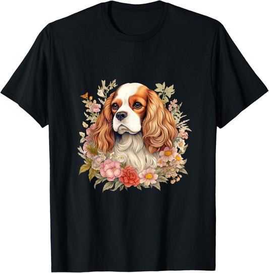 Cavalier King Charles Spaniel Dog With Flowers Floral T-Shirt