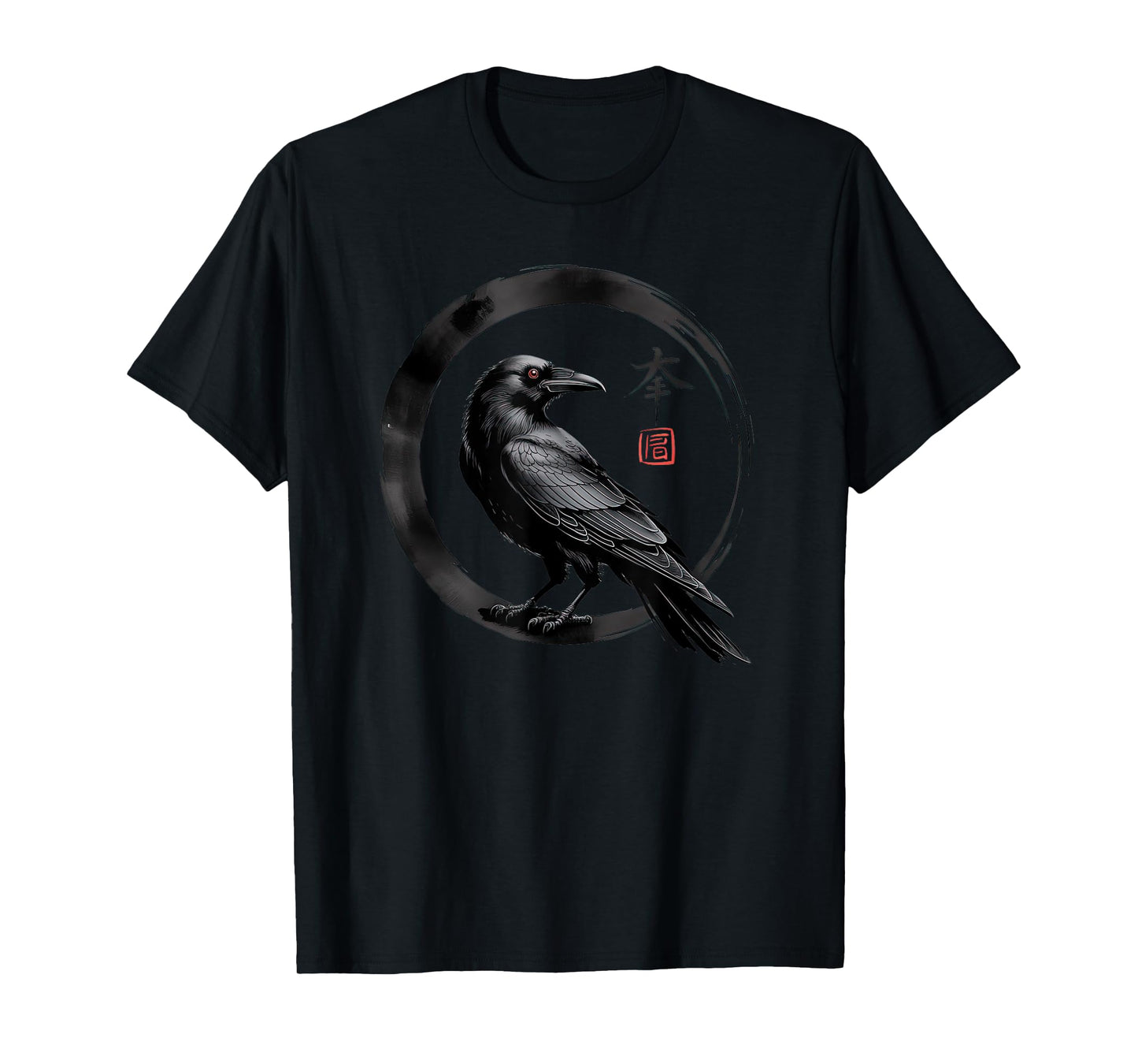 Japanese Sumi-e Black Raven Flying Crow with Cherry Blossom T-Shirt