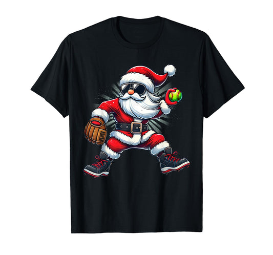 Santa Playing Softball as Pitcher Boys Kids Teens Christmas T-Shirt
