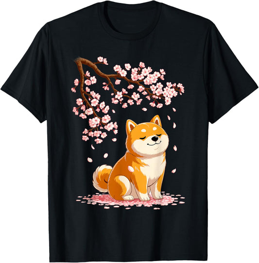 Kawaii Shiba Inu Dog Cherry Blossoms Japanese Sakura Flower T-Shirt