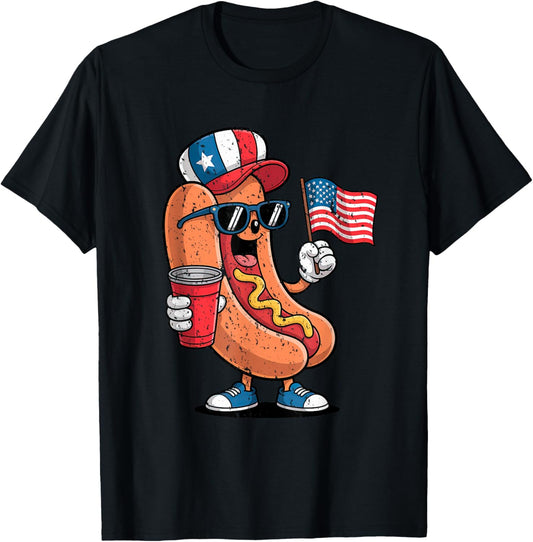 Funny Hot Dog Liberty Brew USA Flag Retro 4th of July T-Shirt