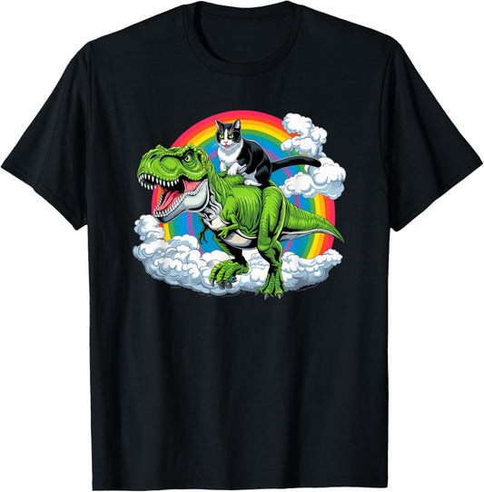 Funny Cat Riding Dinosaur T-Rex & Rainbow Cats Joke Men Women Kids T-Shirt