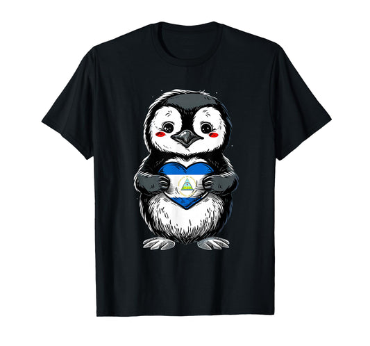 Nicaragua Flag Cute Penguin Heart Nicaraguan Pride T-Shirt