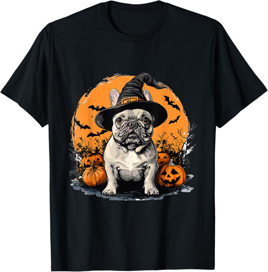 French Bulldog Frenchie Dog Whitch Hat Halloween Pumpkin T-Shirt