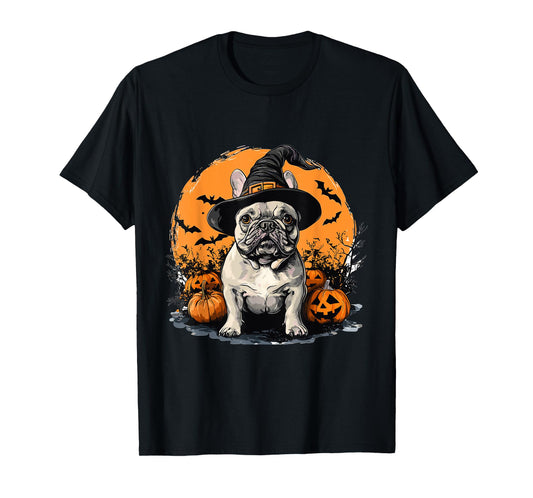 French Bulldog Frenchie Dog Whitch Hat Halloween Pumpkin T-Shirt for Men Women Kids