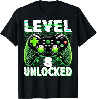 Level 8 Unlocked Shirt Funny Video Gamer Geek 8th Birthday T-Shirt