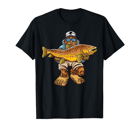 Brown Trout River Fishing Bigfoot Hunting Fishermen T-Shirt