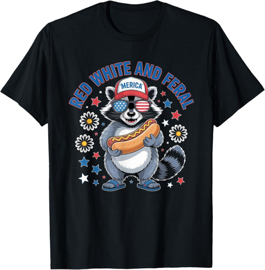 Red White And Feral 4th Of July Raccoon Hot Dog Kids America T-Shirt