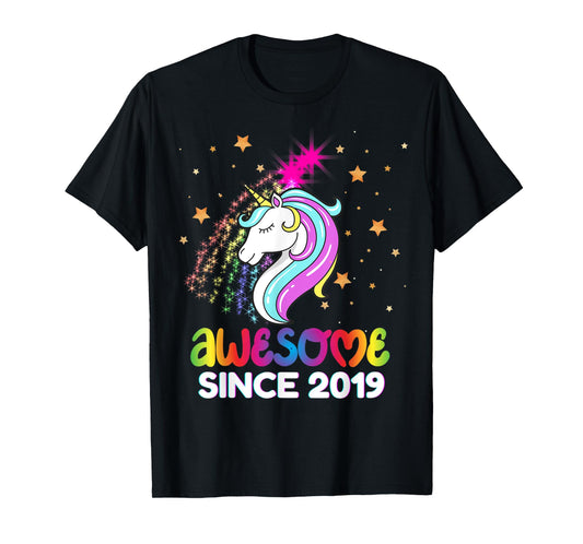Fourth 5th Birthday Awesome Since 2019 Rainbows and Unicorn T-Shirt
