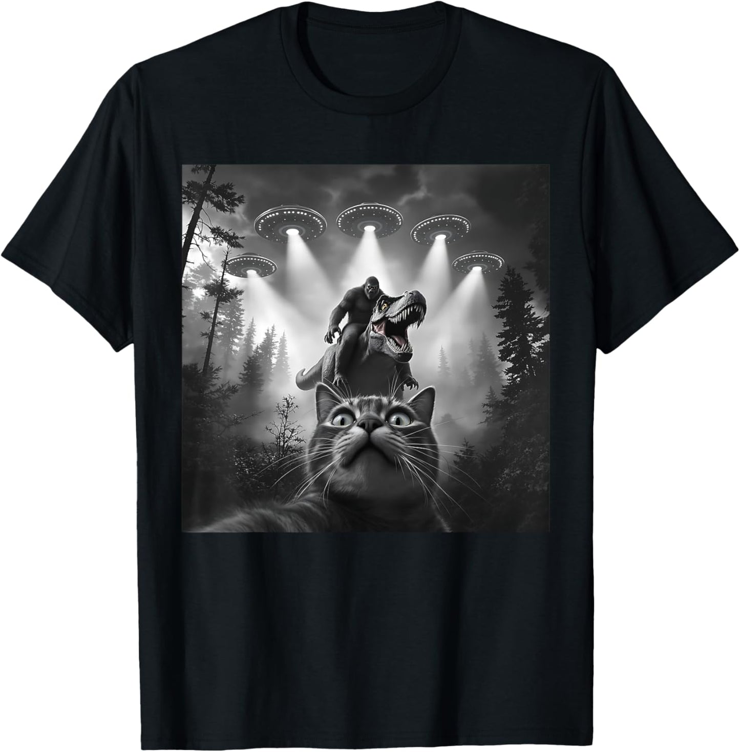 Cat Selfie With Bigfoot Riding T-rex Dinosaur Alien UFO T-Shirt