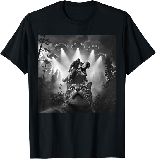 Cat Selfie With Bigfoot Riding T-rex Dinosaur Alien UFO T-Shirt