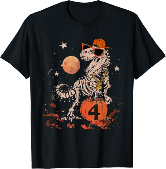 Birthday Halloween 4th Dinosaur Skeleton T-REX Scary Boy Kid T-Shirt