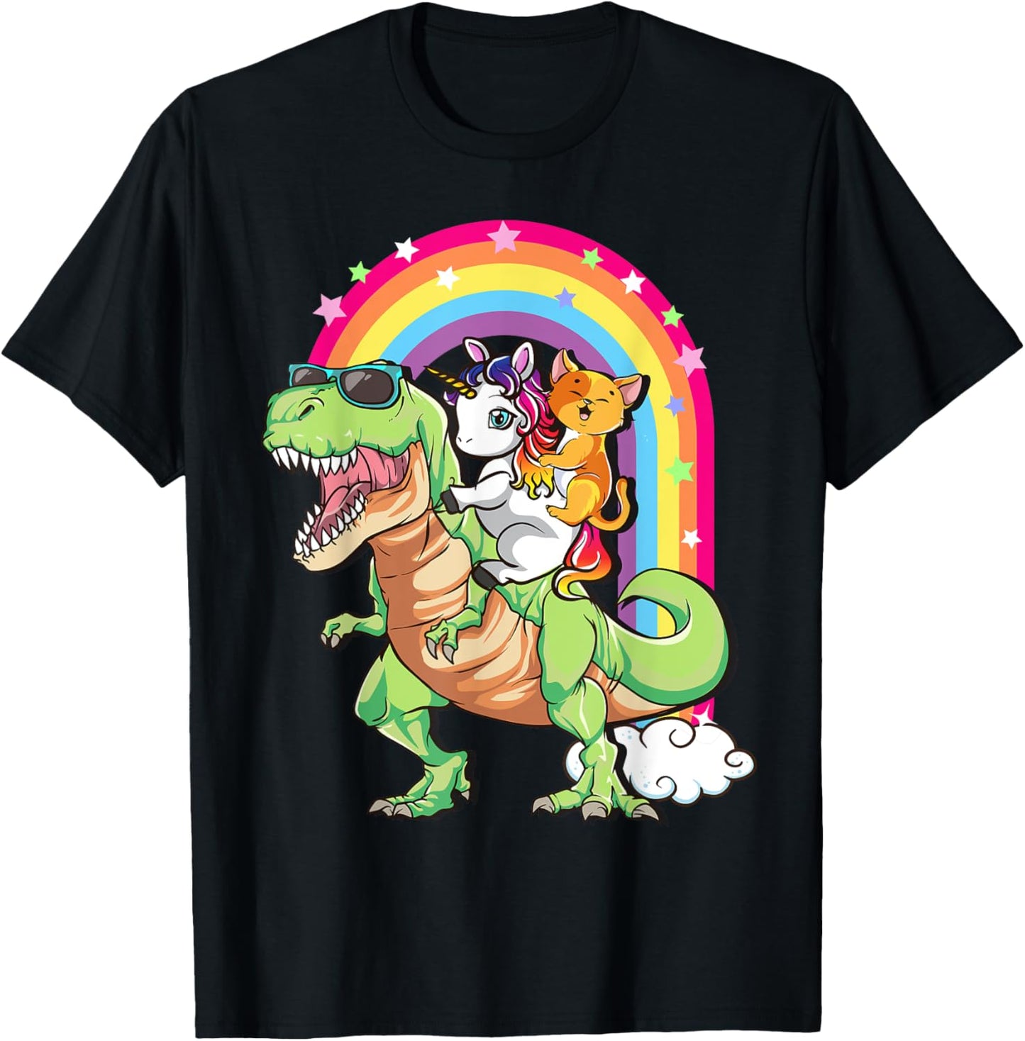 Cute Cat Unicorn Riding T Rex Dinosaur Kids Teens Toddlers T-Shirt